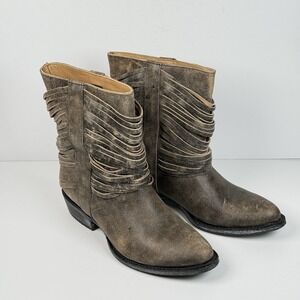 Matisse Leather Western Fringe Pull on Distressed Mid Calf Boots 8.5B Women